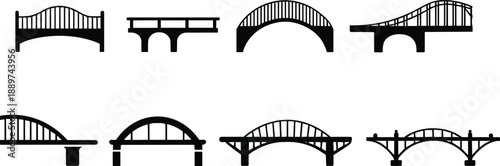Bridge silhouette icon set featuring arch, suspension, modern designs, transportation infrastructure symbols isolated on white background