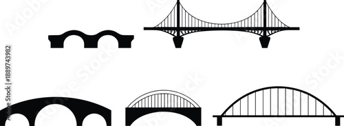 Bridge silhouettes set featuring arch and suspension bridge designs, transportation infrastructure symbols, isolated black vector icons on white background