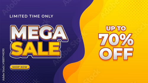 Mega Sale banner template with orange and purple gradient background, up to 70% off, suitable for sales promotion, marketing ads, social media, online store, event, web, and page