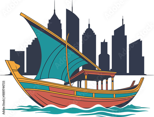 Vector Dhow Boat with Triangular Sail and City Skyline Depicting Cultural Heritage and Modern Urban Coastal Architecture.