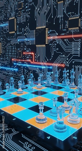 A futuristic chess game unfolds on a vibrant blue and orange board amidst a dark circuit board background with glowing neon lines.