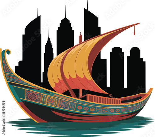 Vector Dhow Boat with Modern Cityscape Silhouette Highlighting Cultural Heritage and Urban Development in Coastal Architecture.