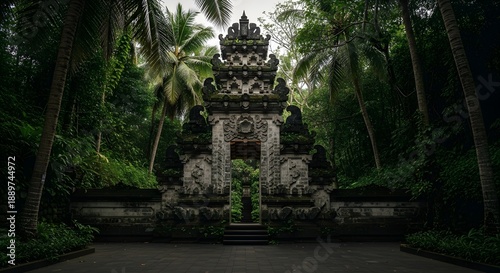 Ancient Balinese Temple Gate in Lush Tropical Jungle