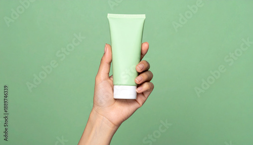 Hand holding a tube of lotion or cream on a green background in a close-up view