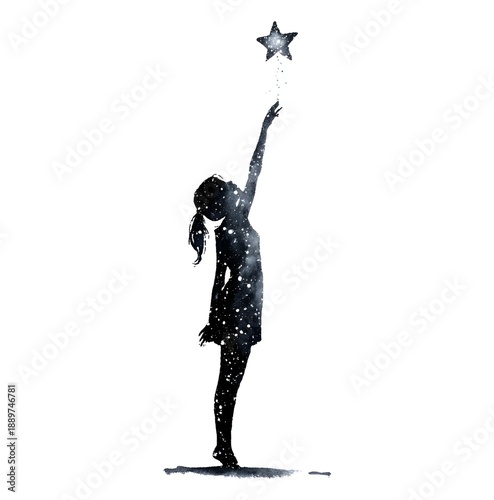 A young girl reaches up to touch a star in the night sky