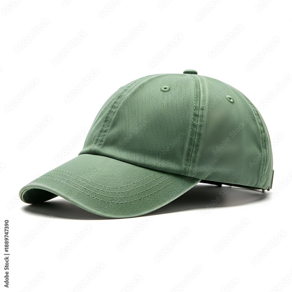 Fototapeta premium A green baseball cap with a curved brim and button on top is displayed on a white surface from a slightly elevated angle.