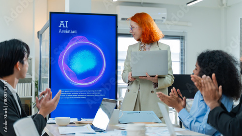 Fotografía Diverse creative team use Ai Assistant (artificial intelligence assistant) on AI-assisted display for Marketing Data Analyst meeting at office