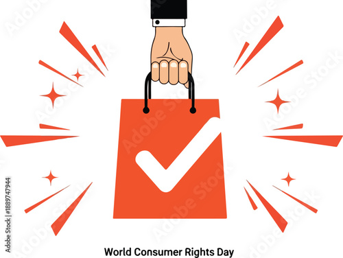 Illustration of a hand holding an orange shopping bag with a white checkmark on World Consumer Rights Day, march 15, against a white background with orange accents.