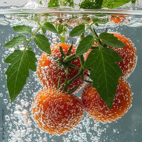 Ripe cherry tomatoes on the vine submerged in clear water generating numerous air bubbles