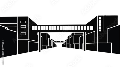 Modern architectural perspective of a city street with a suspended walkway