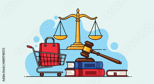 Illustration of a shopping cart, law books, gavel, and balance scale on a light blue background, representing consumer rights and justice on World Consumer Rights Day, march 15.