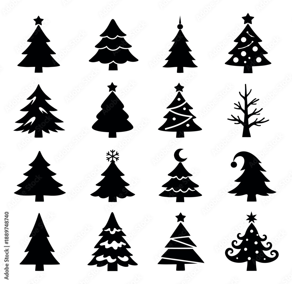 Obraz premium Minimalist Christmas tree icon set featuring various festive shapes and decorative elements for holiday designs
