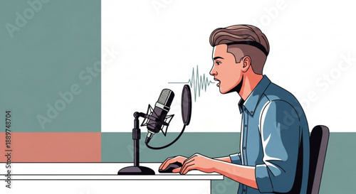 Young man with headphones speaking into a microphone recording a podcast or voiceover with sound waves and computer mouse on desk illustration for broadcasting and content creation