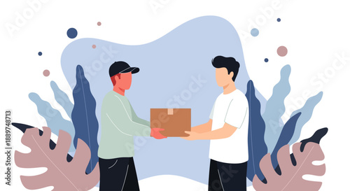 Two men exchange a package in an illustrated scene with plants