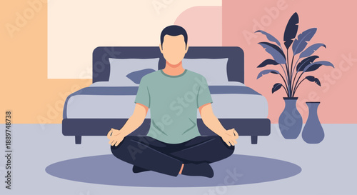 Man meditates peacefully on floor beside bed in serene bedroom interior