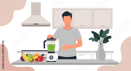 Man prepares healthy smoothie with fresh fruits in modern kitchen