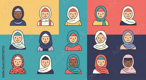 Collection of diverse Muslim women avatars wearing hijabs flat vector illustration icons for profiles and user interfaces isolated on colorful backgrounds