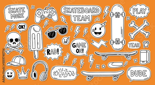 A vibrant skateboard team illustration with various accessories and expressions on an orange background featuring jkahsfc.