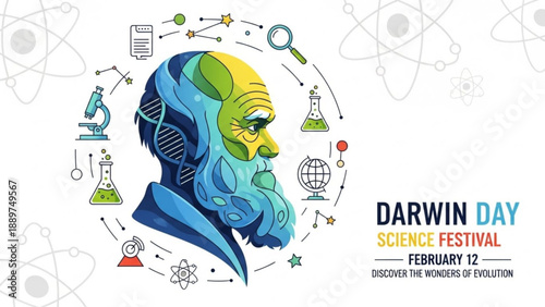Charles darwin science festival illustration with lab equipment and dna