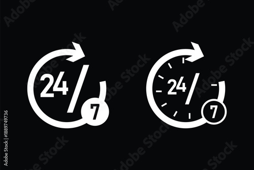 24 7 icon symbol, Set of line icons pack. 24 Hrs icons collection glyph and mixed vector Illustrations. Stroke and Glyph pictogram. Support 24 hours a day and 7 days a week. Support service.