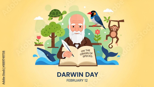 Charles darwin writing on the origin of species on darwin day february 12 surrounded by animals