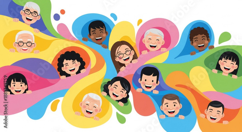 Diverse group of happy people smiling faces peeking through colorful abstract shapes representing unity and joy perfect for community or diversity concepts