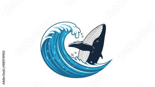 Whale jumping out of a large blue ocean wave dynamic illustration on white background