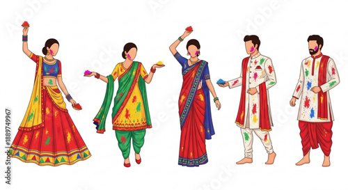Diverse group of people celebrating Holi festival dressed in traditional Indian attire with colorful powder vector illustration for cultural events and holidays