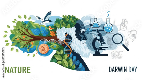 Charles darwin profile with nature and science symbols for darwin day celebrating evolution and biology