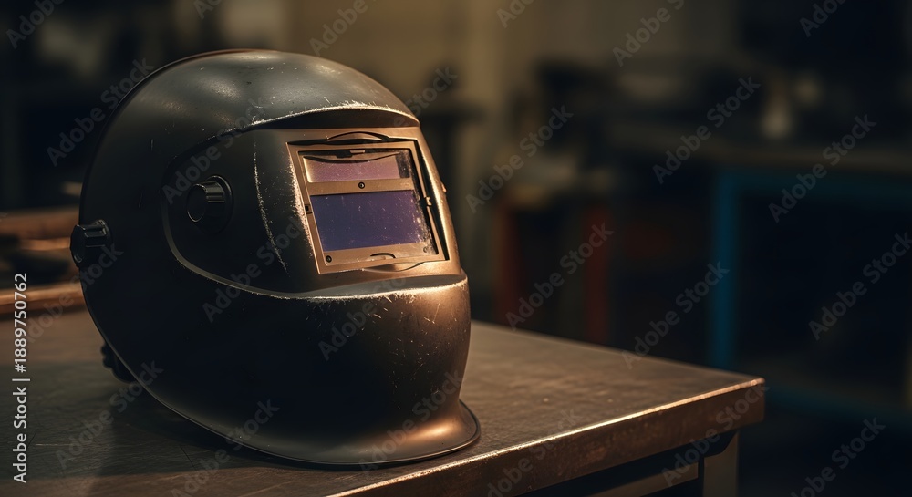 Obraz premium Used and scratched black welding helmet resting on a workbench in an industrial setting, symbolizing safety and hard work for a Labor Day concept