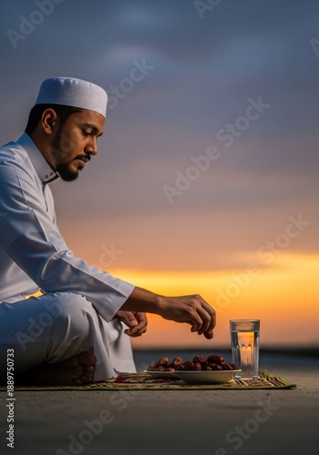 A Muslim man breaking his Ramadan fast (Iftar) with dates and water at sunset, observing Maghrib time.