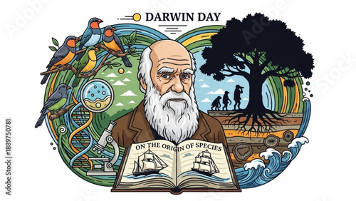 Charles darwin reading on the origin of species surrounded by evolution symbols and wildlife illustrations