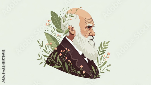 Illustration of elderly man with white beard surrounded by lush greenery and flowers in elegant attire