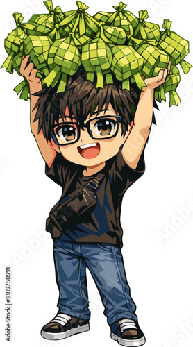 Happy young man lifting many Ketupat rice cakes, celebrating Eid al-Fitr with plenty of traditional festive food preparation.