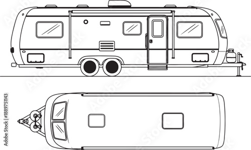 Black and white line of a vintage camper trailer and a towing vehicle from two perspectives also transparent background