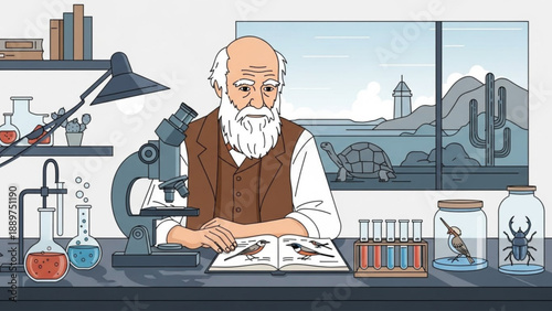 Elderly scientist studying insects in a laboratory with microscope and specimens