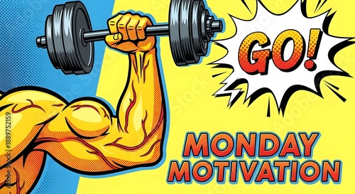 A muscular man lifting weights motivates himself on Monday morning.