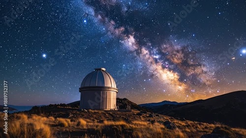 Astronomical observatory stands silhouetted against a breathtaking night sky filled with stars and the Milky Way.