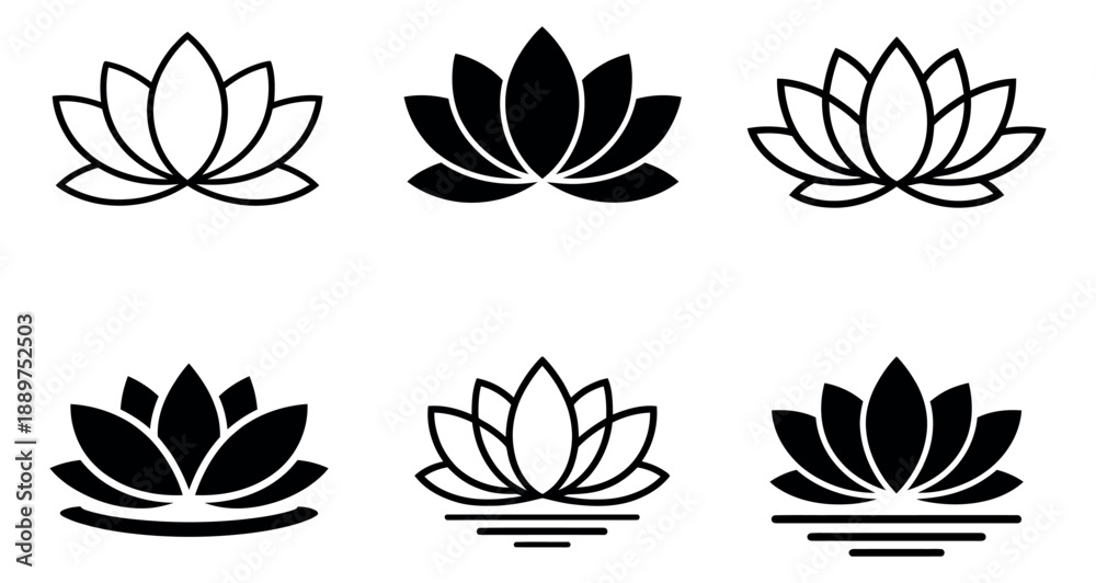 Obraz premium Minimalist lotus flower icon set featuring outline and solid silhouette designs for wellness and spa branding