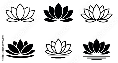 Minimalist lotus flower icon set featuring outline and solid silhouette designs for wellness and spa branding