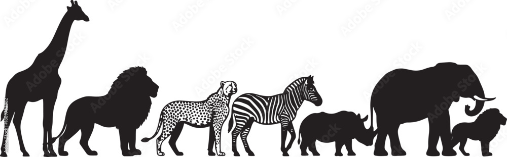Obraz premium Silhouettes of Giraffe, Lion, Cheetah, Zebra, Rhinoceros, and Elephant with a Small Dog in a Row also transparent background