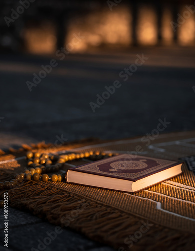 Ramadan Spiritual Concept. Closed Al-Quran and Tasbih on Sajadah Carpet at Golden Hour.