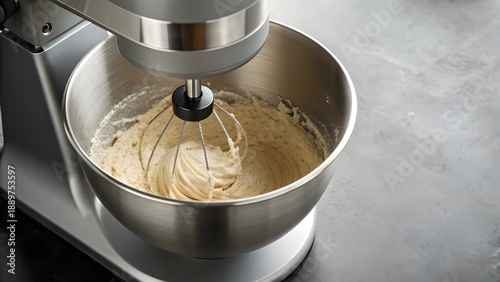 Electric Mixer With Stainless Steel Bowl In An Overhead Dough Mixing Shot Capturing The Motion Texture And Joy Of Homemade Baking In A Modern Kitchen Setting