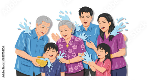 Thai family splashing water together during Songkran festival  