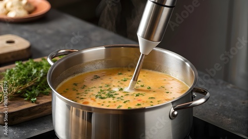 Immersion Blender Mixing Soup In A Pot, Captured In Motion To Reveal Whirling Texture, Warm Steam, And The Comforting Energy Of Homemade Cooking In A Cozy Modern Kitchen