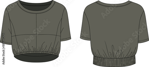 Technical fashion sketch of short-sleeve cropped top front and back view with round neckline, gathered hem, seam lines – garment design illustration template