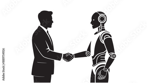 Human and Robot Handshake in Minimalist Silhouette with High Contrast Lighting on White Background for AI Partnership
