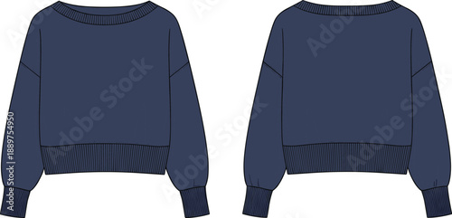 Technical flat sketch of navy cropped sweater front and back view with ribbed neckline, cuffs, waistband, dropped shoulders – casual fashion garment design illustrationTechnical flat