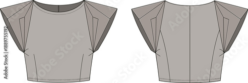 Technical flat sketch of a women’s cropped blouse in grey featuring architectural pleated statement sleeves a round neckline front darts and a tailored fit silhouette