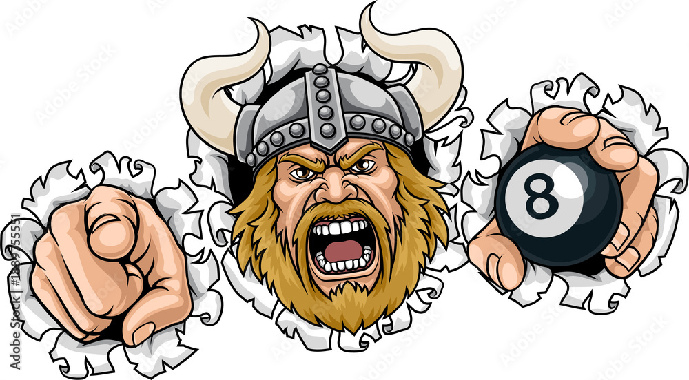 Fototapeta premium An angry Viking cartoon character holding billiards pool 8 black ball and pointing sports team mascot illustration.